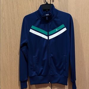 Nike Men's Navy Jacket with White and Green Stripes